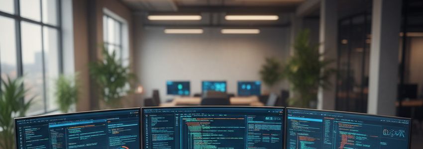 Professional technology workspace with monitors showing code and analytics for business loan planning