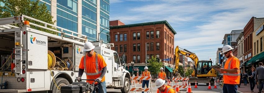 Telecom crew installing fiber optic cables in urban area