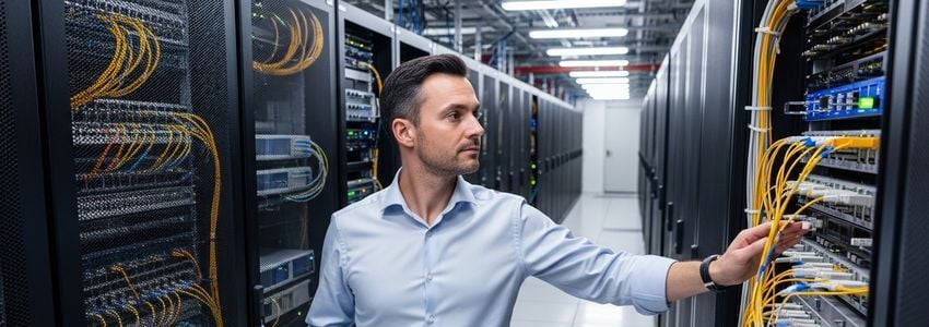 Telecommunications engineer inspecting fiber optic cables in a network operations center