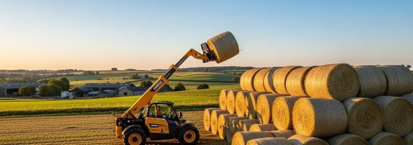 Agricultural telehandler machine stacking hay bales on a farm, demonstrating the versatility of telehandler equipment financing for farming operations
