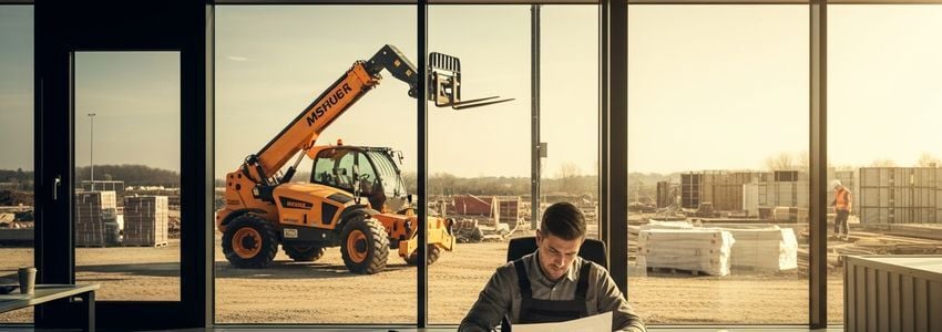 A construction contractor reviewing telehandler financing documents with equipment visible in background