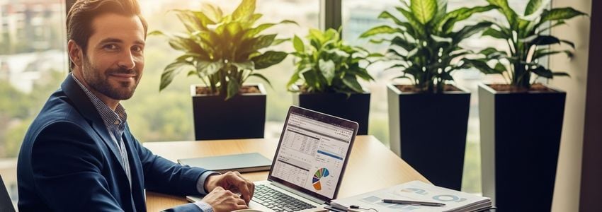 Business owner reviewing telemarketing company loan options at a modern office desk