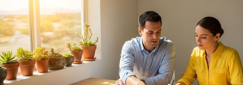 Tempe, Arizona small business owner reviewing financing documents in a modern office setting