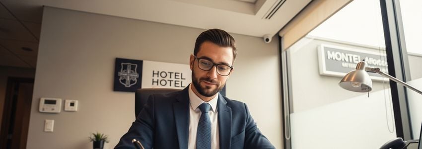 Hotel franchise owner reviewing financing documents at desk
