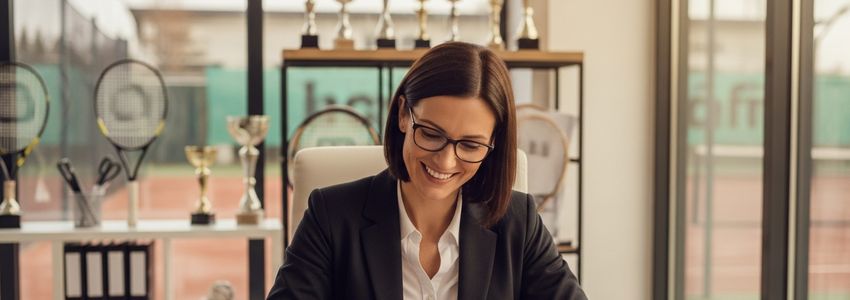 Tennis club owner reviewing business financing documents at a desk with tennis courts visible in the background
