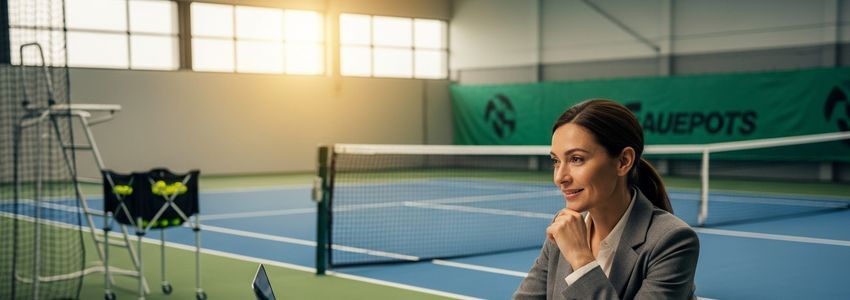 Tennis facility manager reviewing equipment financing documents at a modern indoor tennis court
