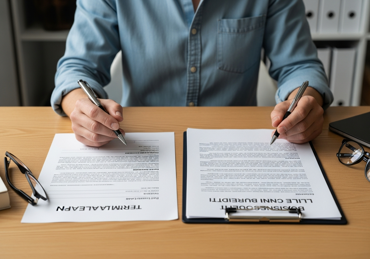 Small business owner reviewing term loan and line of credit documents side by side