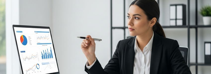 Business professional reviewing term loan and line of credit comparison documents at office desk