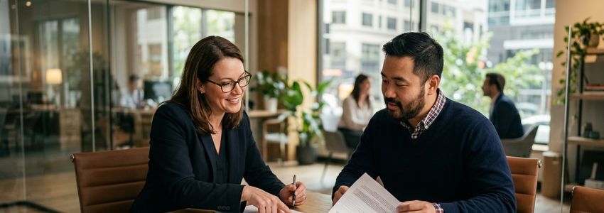 Business advisor and small business owner reviewing and comparing term loan vs revolving credit financing options