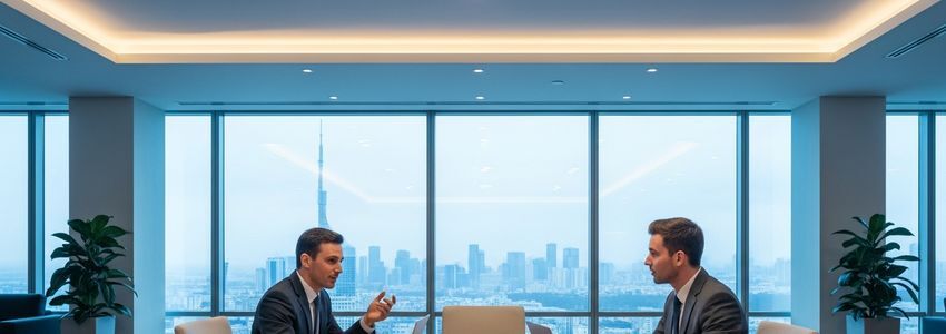 Business professionals reviewing a loan term sheet in a modern office conference room