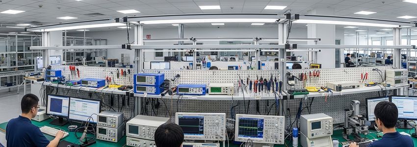 Electronics manufacturing lab with advanced test equipment and precision measurement instruments