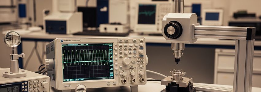 Quality control engineer conducting precision testing at a laboratory workbench with measurement instruments