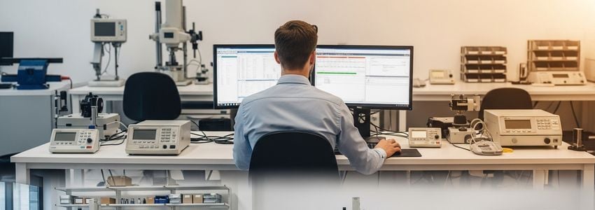 Quality control engineer reviewing testing certification data in a modern laboratory setting