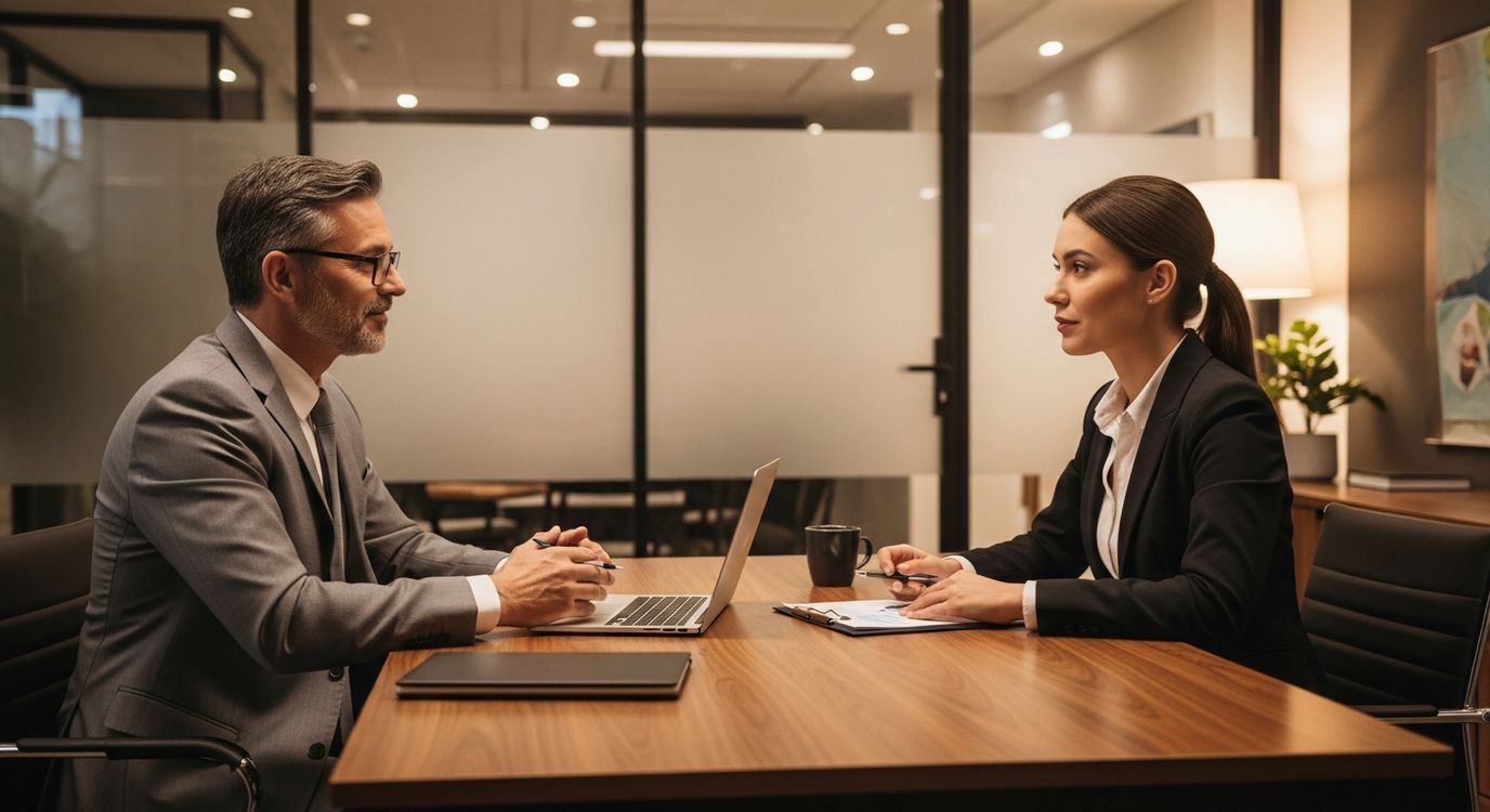 Texas small business owner reviewing financing documents at a modern office desk in Houston
