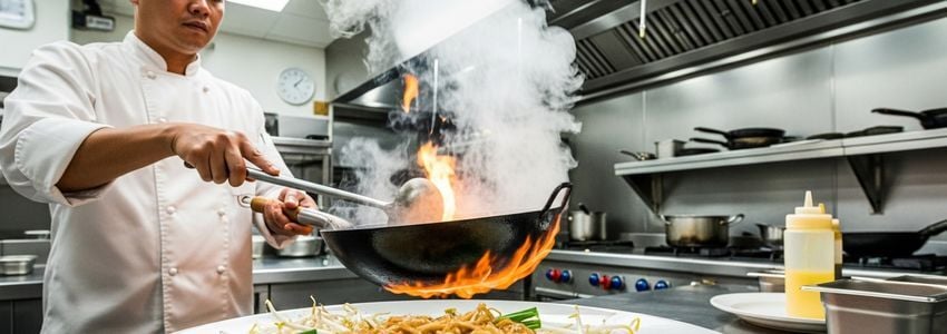 Thai restaurant chef preparing authentic Thai dishes in a professional commercial kitchen