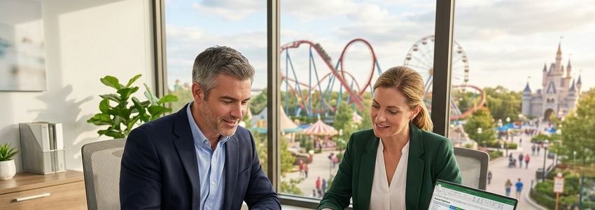 Theme park business owners reviewing financing options for their amusement park