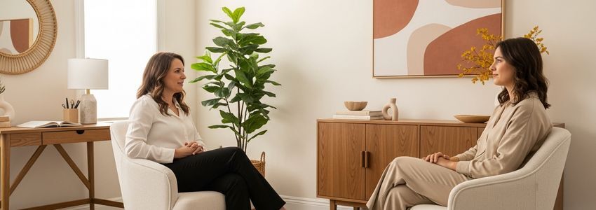 Therapist and patient in a professional therapy session at a well-equipped practice