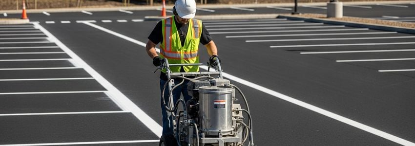 Pavement marking contractor operating a walk-behind thermoplastic applicator on a commercial parking lot