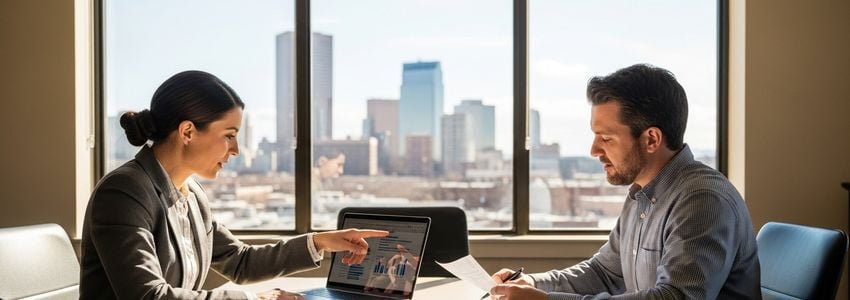 Small business loan consultation between a financial advisor and entrepreneur in a modern Colorado office