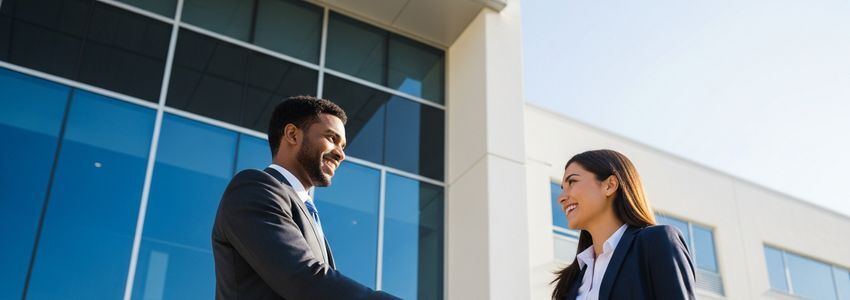 Business partners discussing franchise financing options outside a modern commercial building