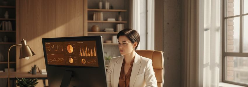 Business owner reviewing financial charts on computer screen in a professional office