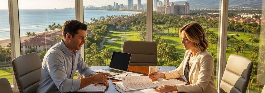 Business professionals reviewing timeshare sales company financing documents at a conference table with resort backdrop