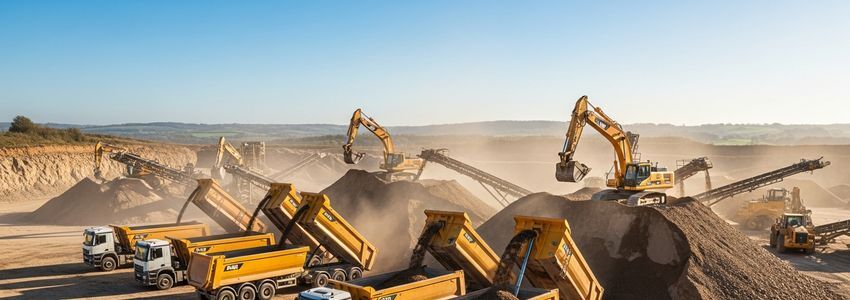 Commercial tipper trailers loaded with aggregate at an industrial quarry site, representing tipper trailer financing for business