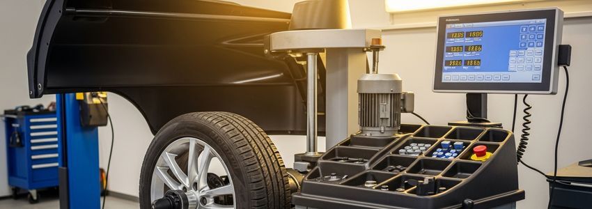 Professional tire balancing machine in an auto repair shop