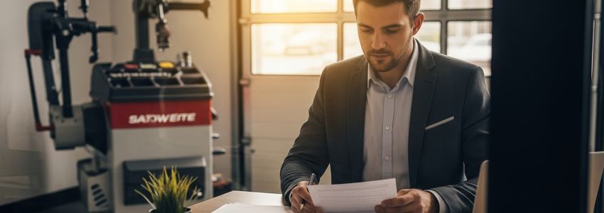 Auto shop owner reviewing tire mounting machine financing documents at a desk