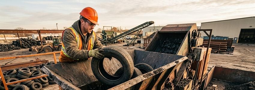 Workers operating industrial tire recycling and shredding equipment at a recycling facility