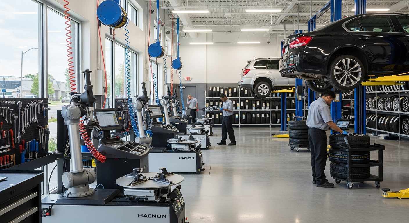 Modern tire shop with tire mounting machines and vehicle lifts — tire shop business loans from Crestmont Capital