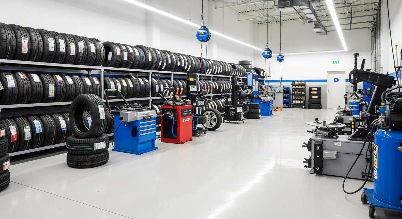 Tire shop interior showing mounting equipment and vehicle lifts for tire shop business loans from Crestmont Capital
