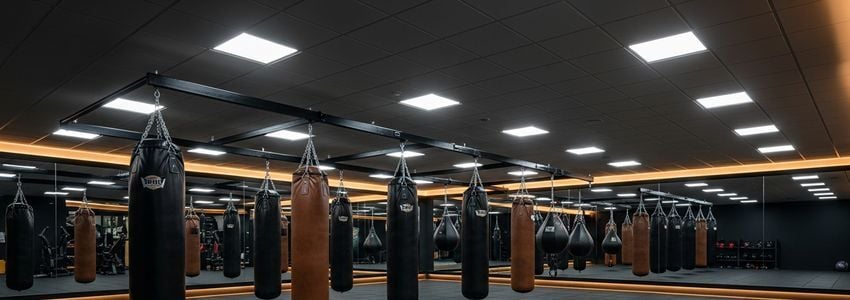 TITLE Boxing Club franchise interior with heavy punching bags in a professional boxing fitness studio