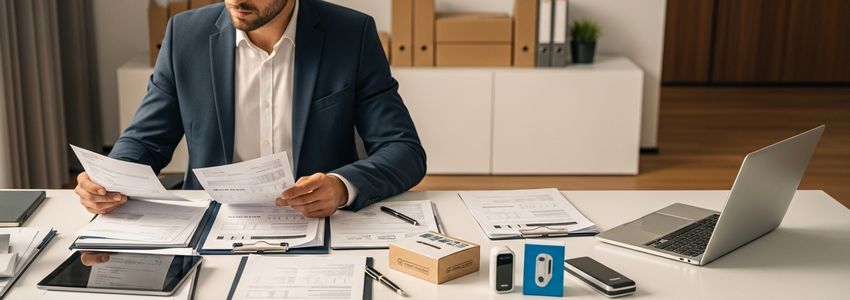 Business professional reviewing supplier invoices and inventory management documents at a modern office desk