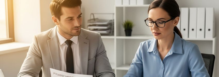 Business owner reviewing Tommy's Express franchise loan documents with a financial advisor