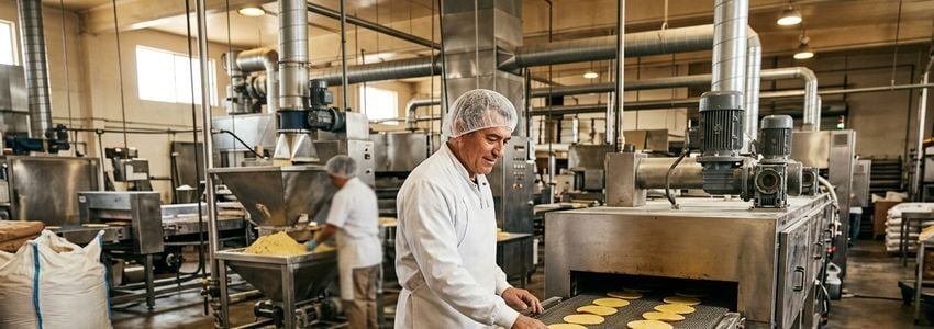 Tortilla factory owner inspecting fresh corn tortillas coming off an industrial press and production line