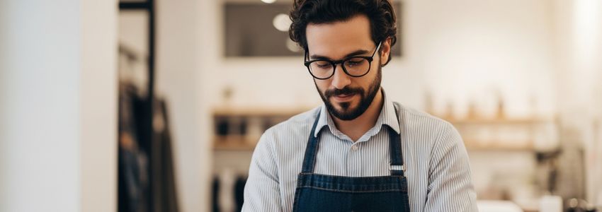 Small business owner reviewing financing options during economic downturn at modern office desk