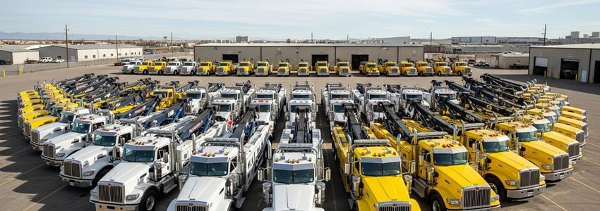 Fleet of professional tow trucks at a towing company depot yard