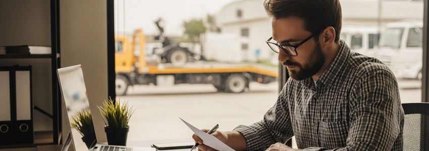 Tow truck business owner reviewing financing options at a desk with tow truck visible through window