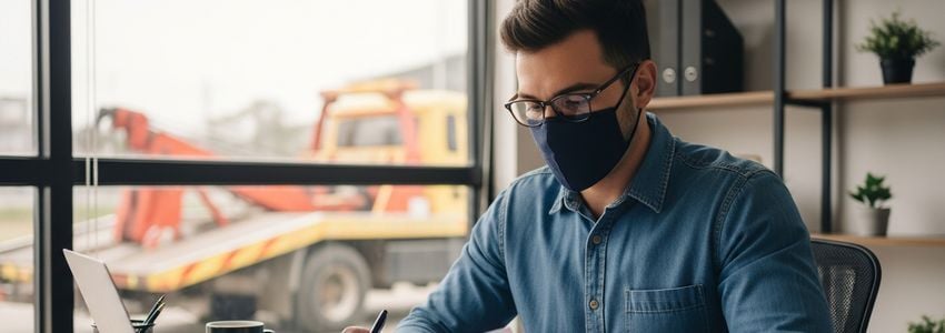 Tow truck business owner reviewing financing options at their office desk