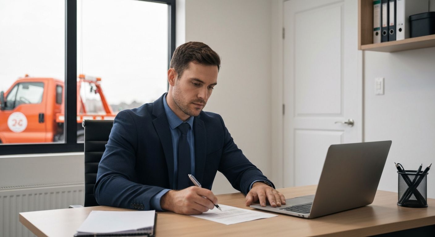 Towing company owner reviewing business financing paperwork in office with tow truck visible through window