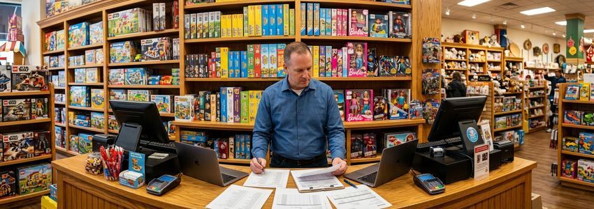 Toy store owner reviewing inventory financing options at store counter