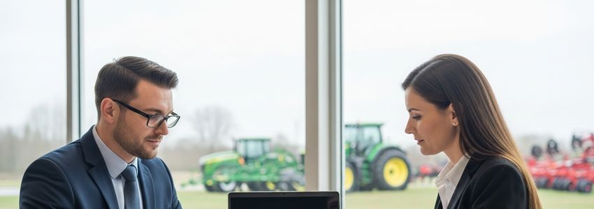 Business owner discussing tractor financing options at a farm equipment dealership with a financing specialist reviewing loan documents