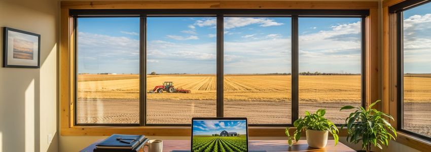 Farm office desk with tractor financing documents and a view of agricultural fields outside the window