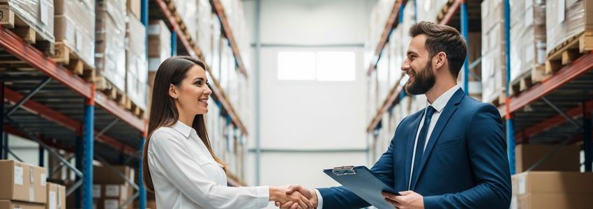 Business professional shaking hands with supplier in warehouse signifying a trade credit agreement