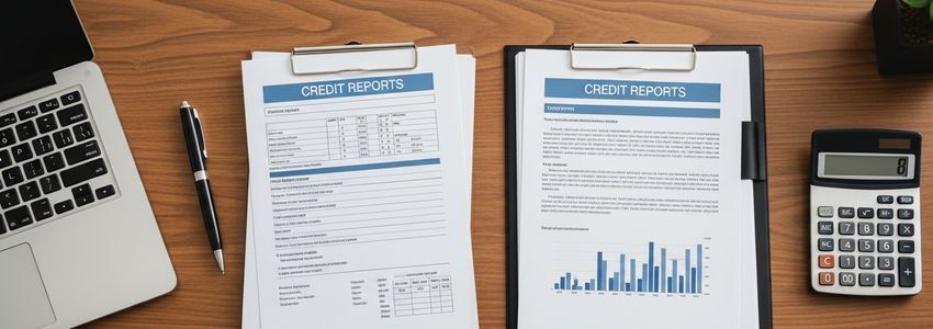 Business owner reviewing trade line report and credit profile at desk in professional office