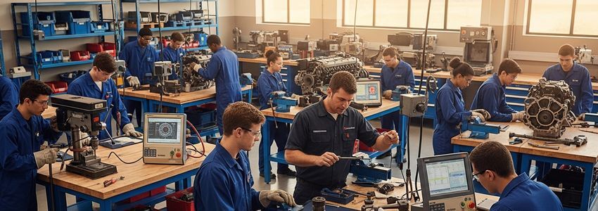 Vocational trade school students working at hands-on training stations in a modern workshop facility
