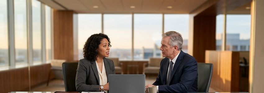 Small business owner and attorney reviewing trademark dispute documents in a professional office
