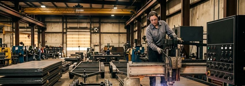 Trailer manufacturing technician operating a CNC plasma cutting table on steel plate for a trailer frame