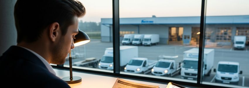 Transportation logistics business owner reviewing fleet financing routes at commercial office